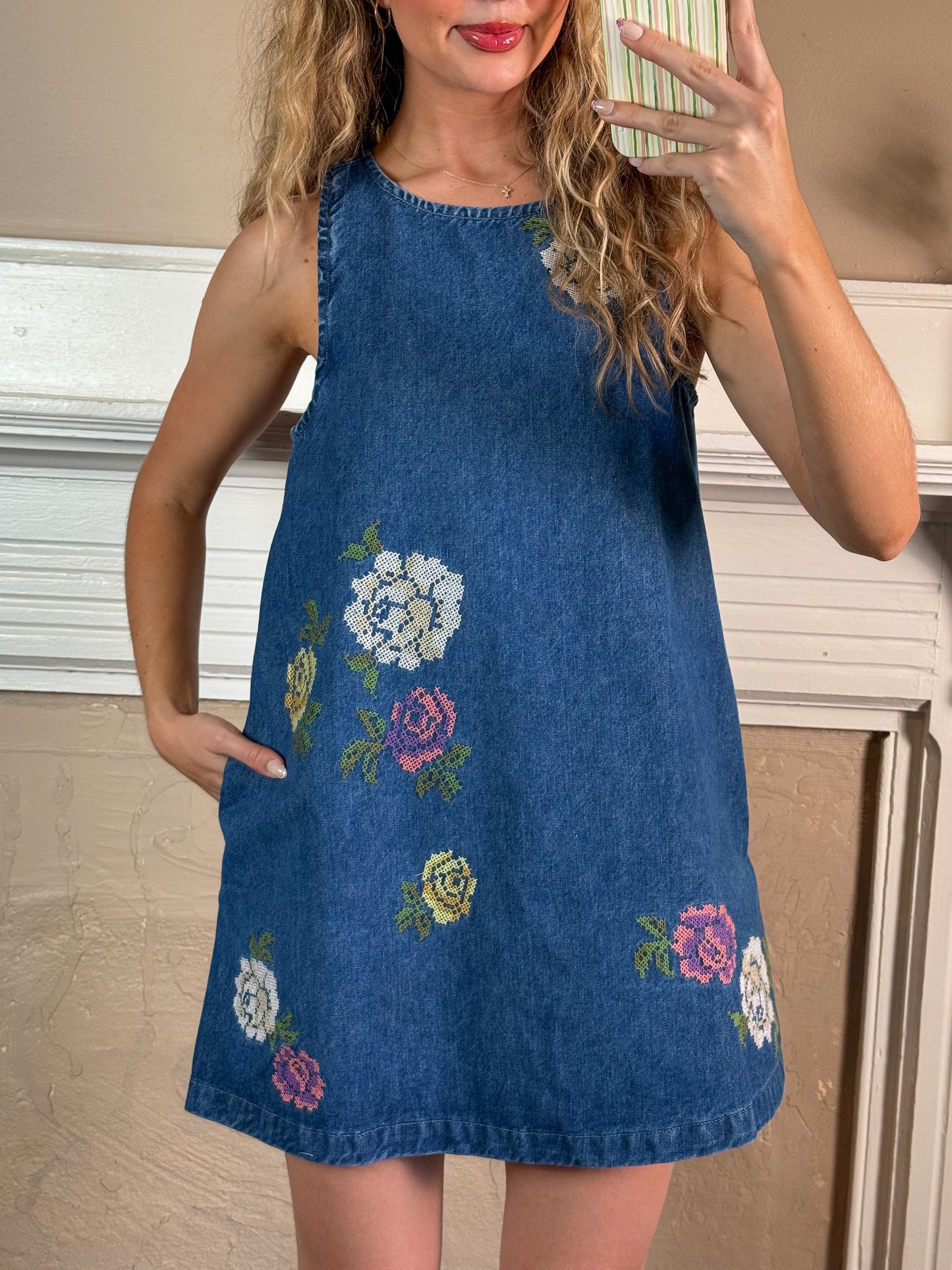 Floral Embroidered Denim Sleeveless Dress