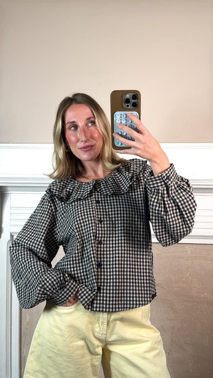 Mini Gingham Ruffled Collar Blouse