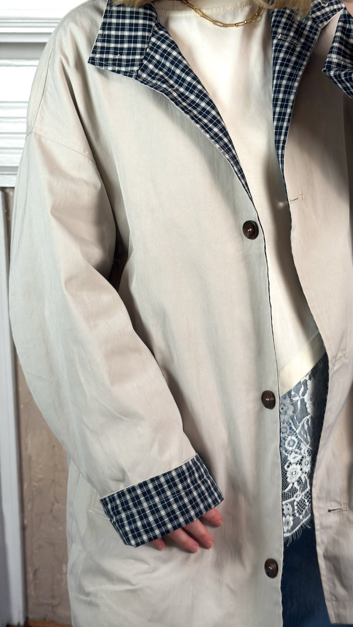 Plaid Lined Stand Collar Cotton Coat