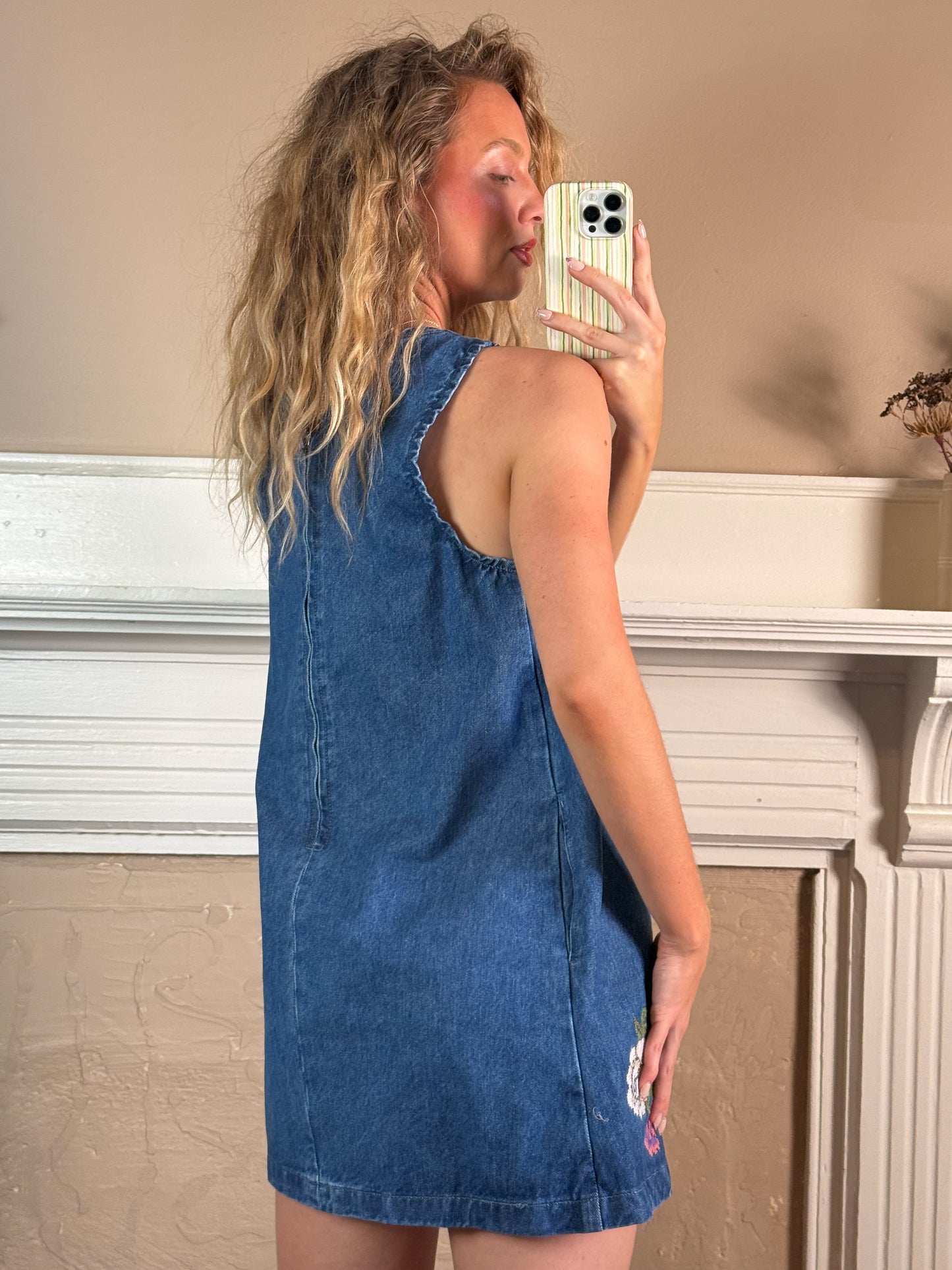 Floral Embroidered Denim Sleeveless Dress