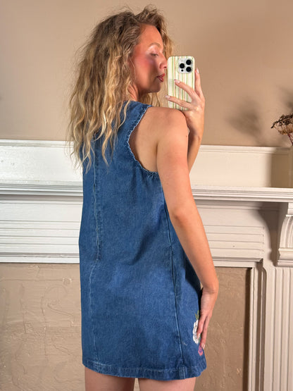 Floral Embroidered Denim Sleeveless Dress