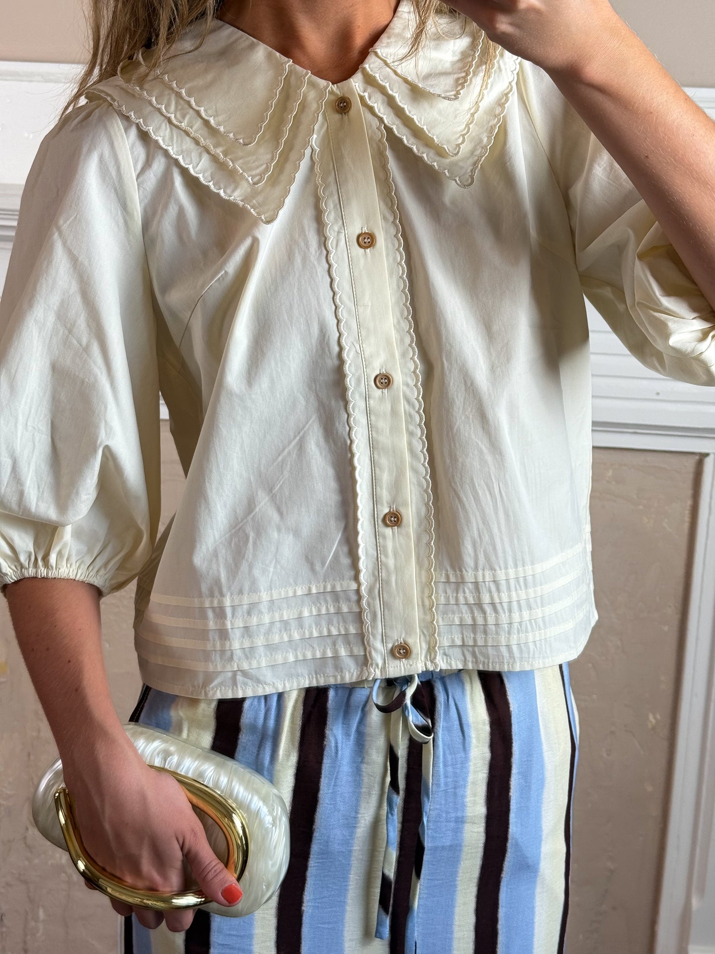 Triple-Layer Collar Puff Sleeve Top
