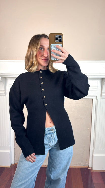 Cara Button Front Peplum Sweater - Black