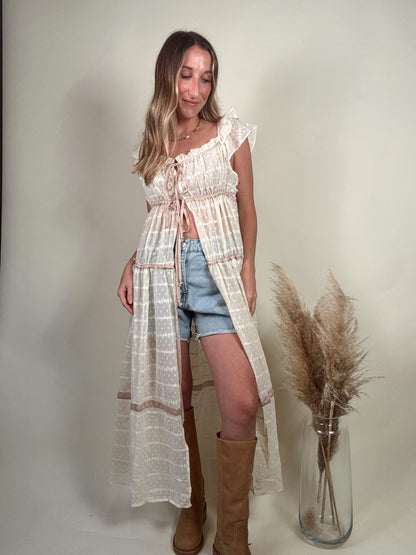 Aristelle Sheer Front Tie Maxi Blouse