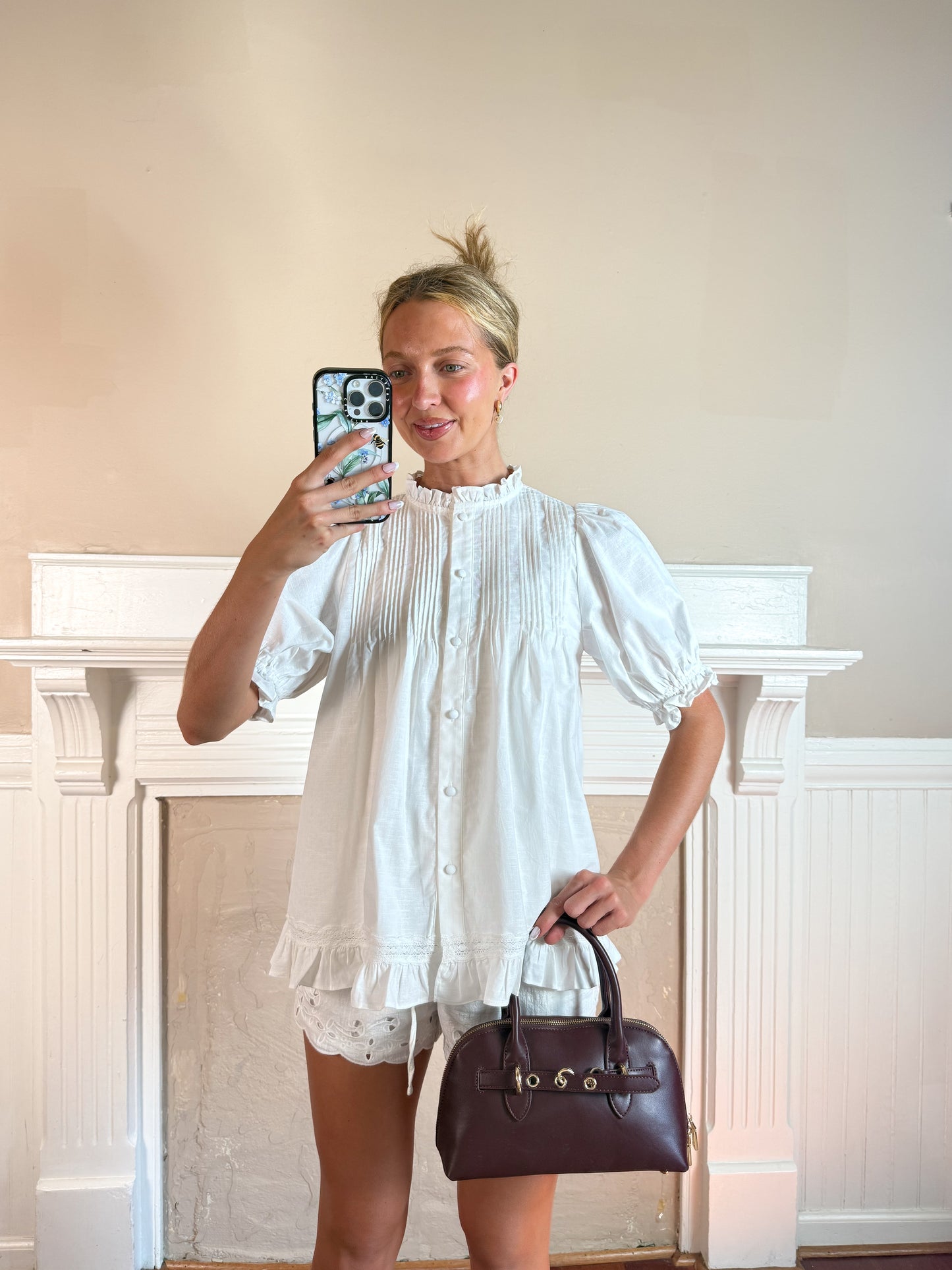 Linen Pleated Puff Sleeve Blouse