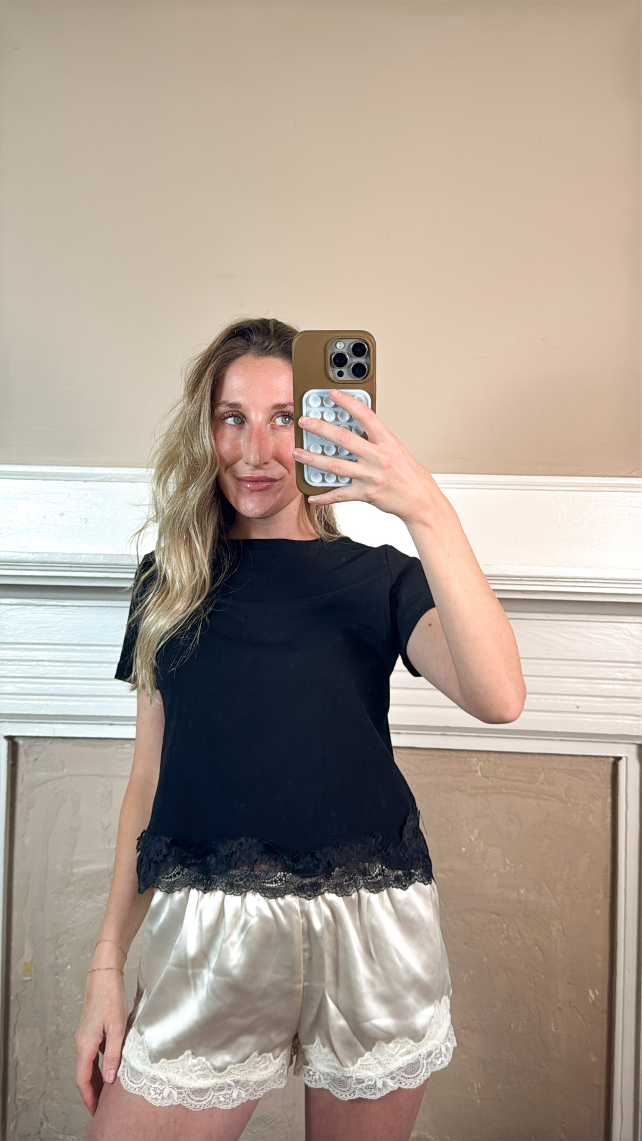 Lace Trim Short Sleeve Tee - Black