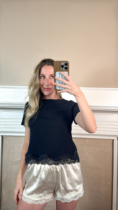 Lace Trim Short Sleeve Tee - Black