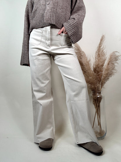 Washed Beige Wide Leg Denim Pants