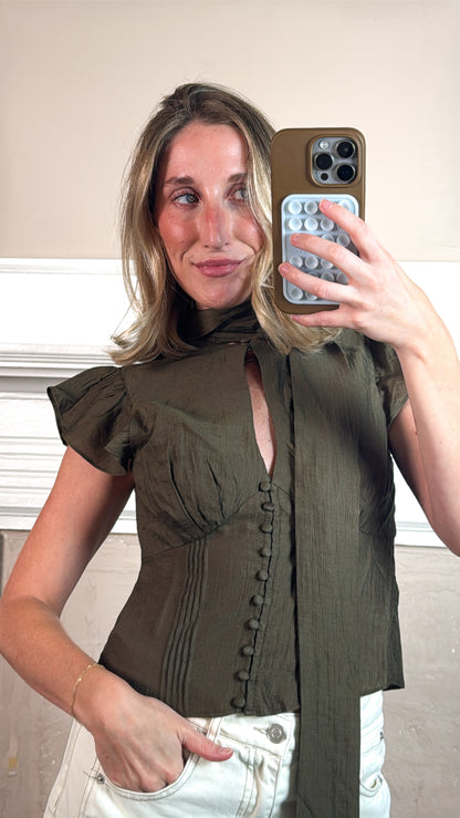 Short Sleeve Button Front Scarf Blouse