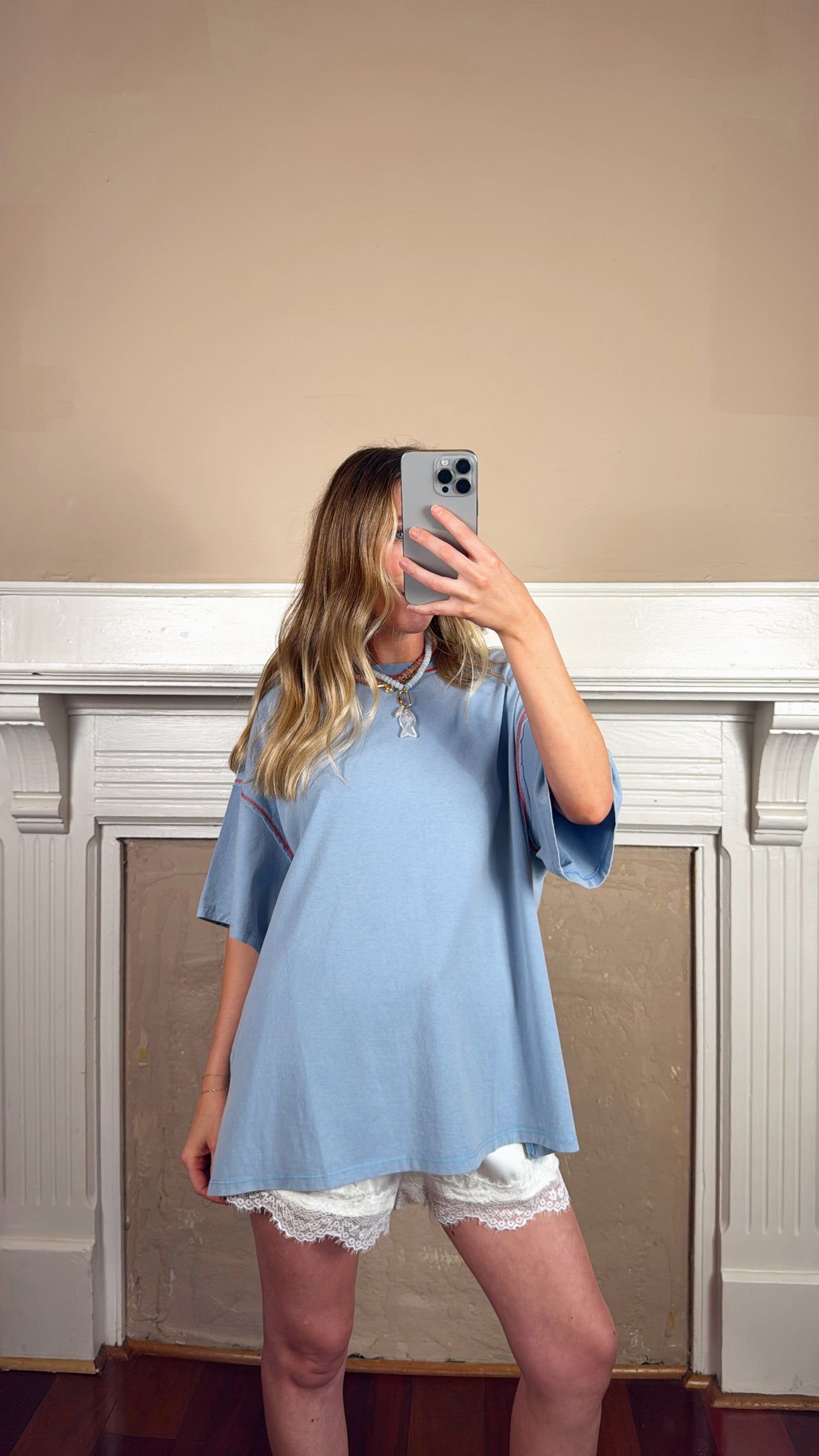 Contrast Stitch Mineral Washed Tee - Blue