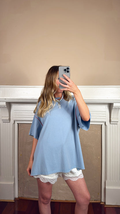 Contrast Stitch Mineral Washed Tee - Blue