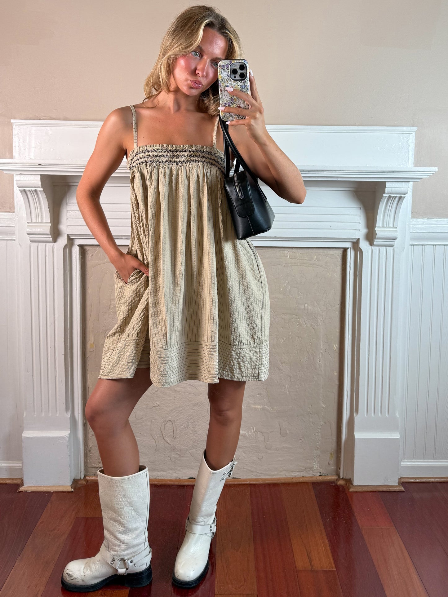 Beige Smocked Stripe Mini Dress