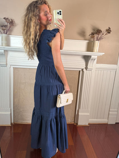 Navy Smocked Tiered Dress