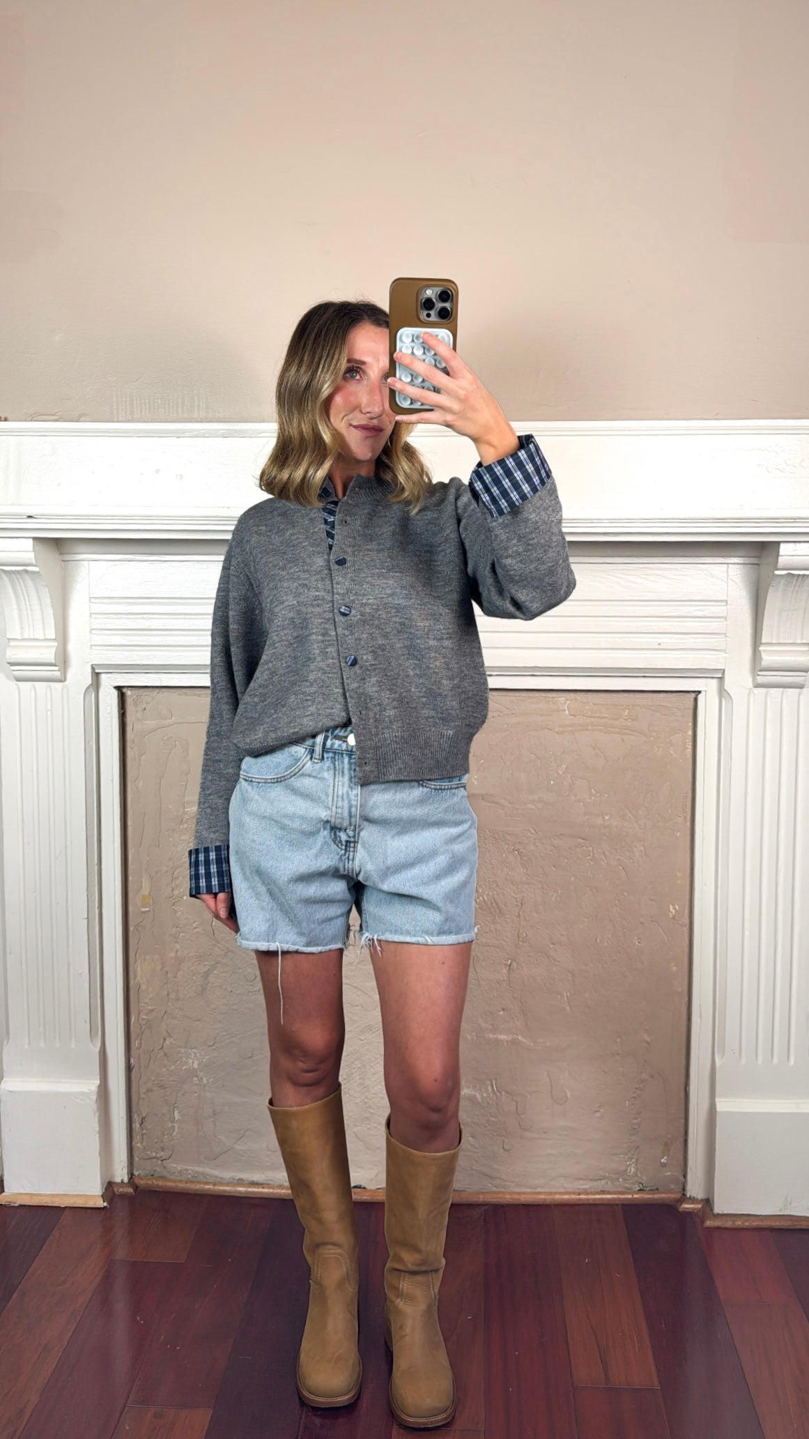 Plaid Trim Layered Button Cardigan Sweater