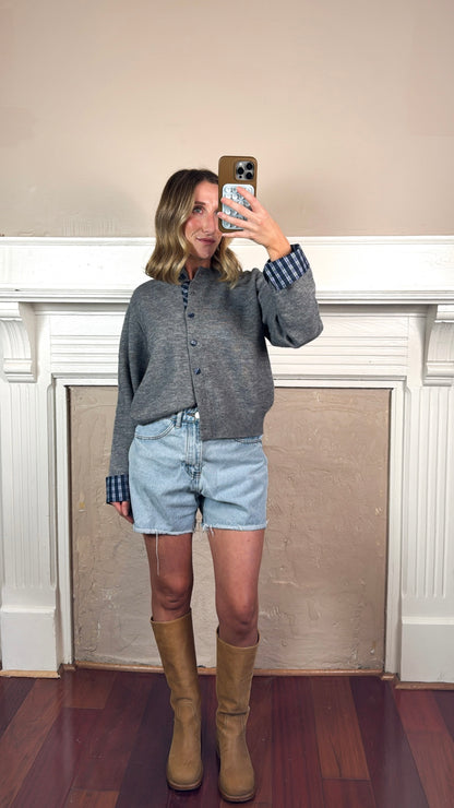 Plaid Trim Layered Button Cardigan Sweater