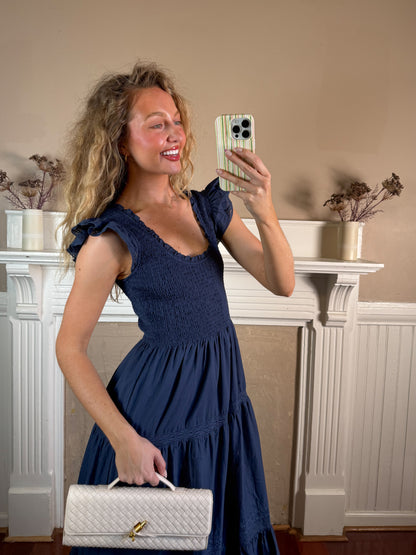 Navy Smocked Tiered Dress
