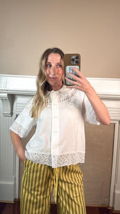 Embroidered Lace Trim Button Blouse