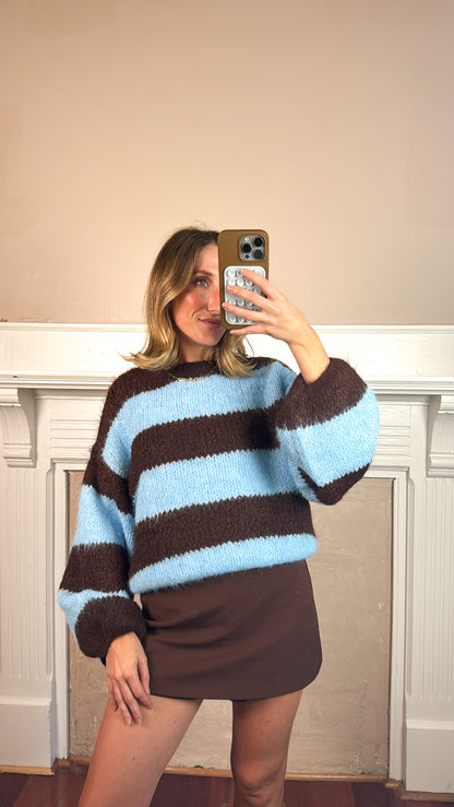 Puff Sleeve Striped Fuzzy Sweater Top - Blue