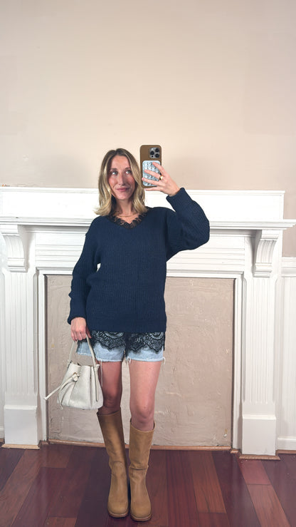 Lace-Trim V-Neck Knit Sweater
