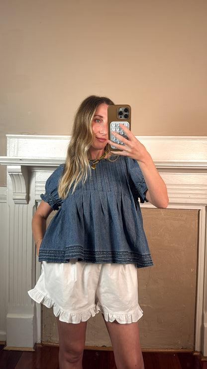 Denim Pleated Blouse