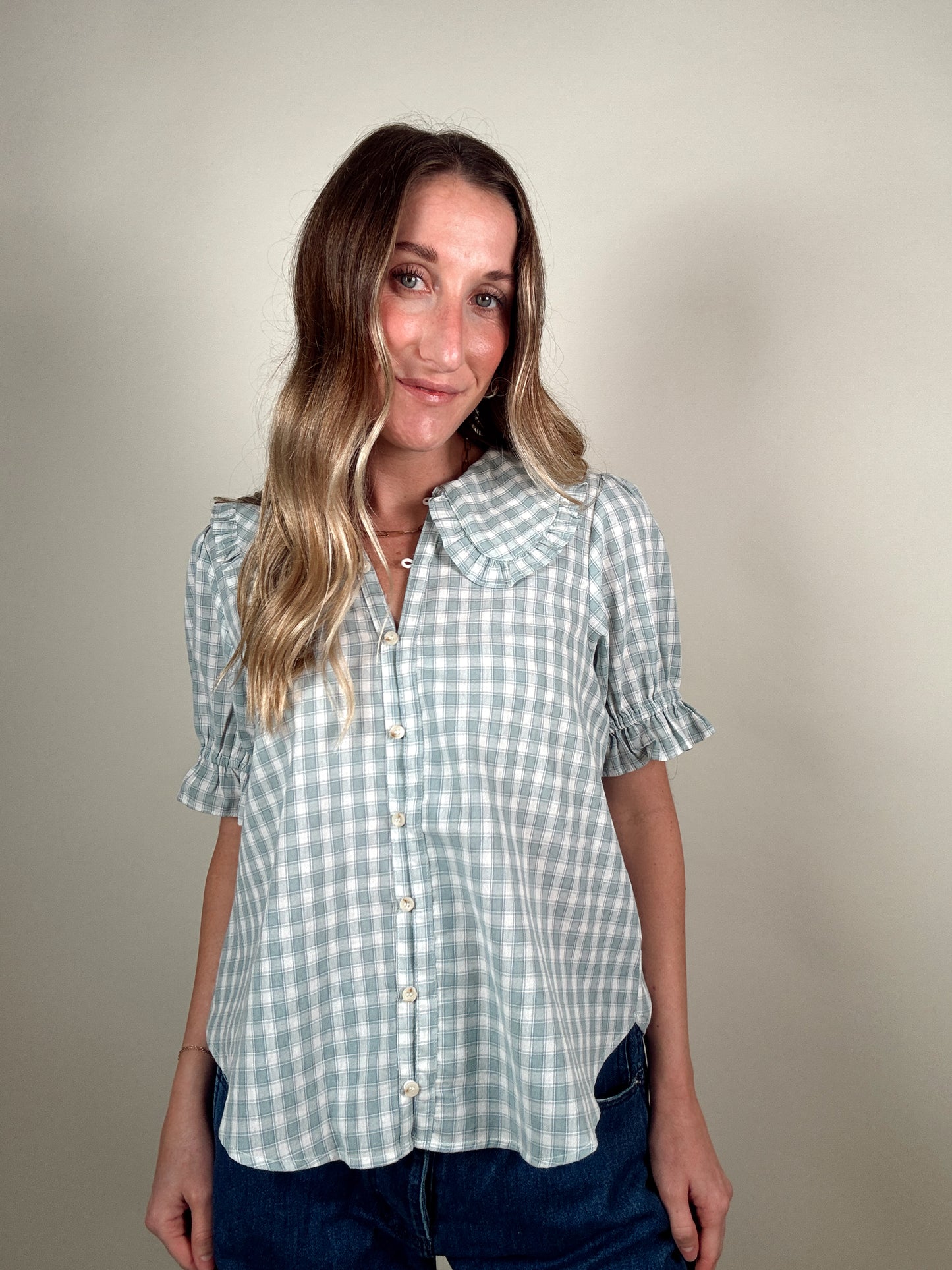 Ruffle Collar Gingham Blouse