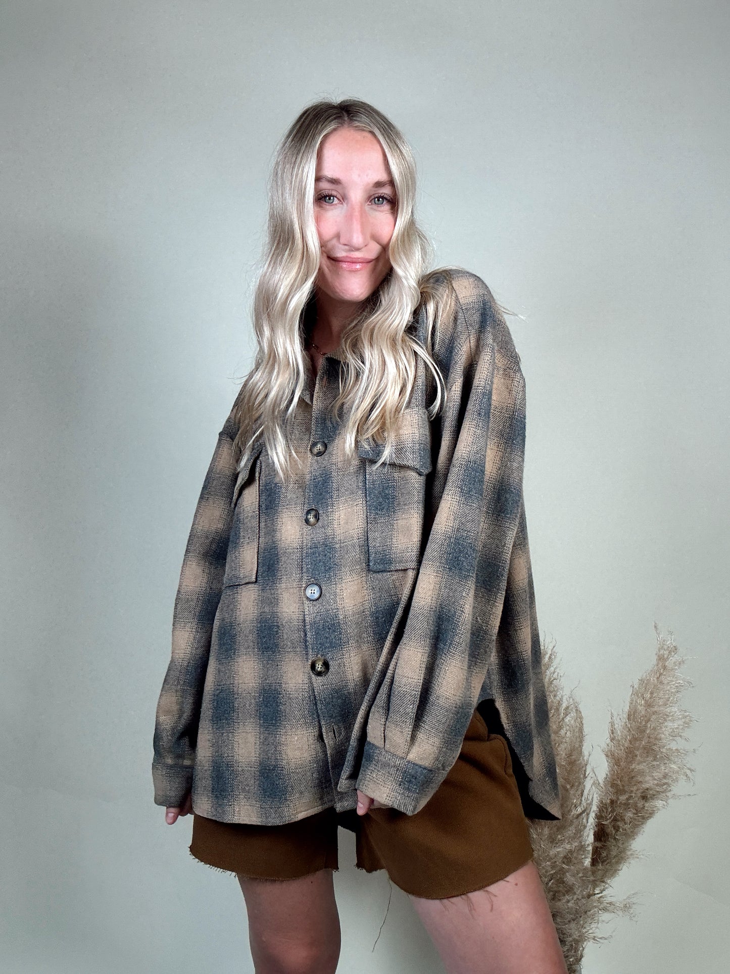 Mixed Color Plaid Shacket - Taupe