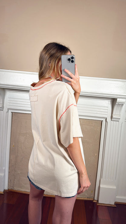 Contrast Stitch Mineral Washed Tee - Cream