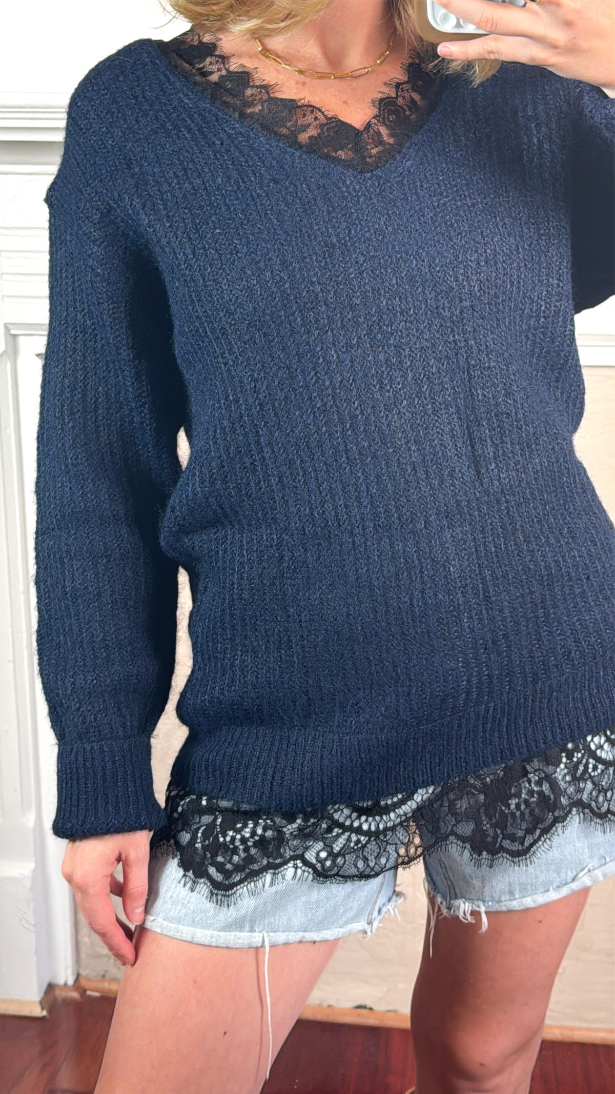 Lace-Trim V-Neck Knit Sweater