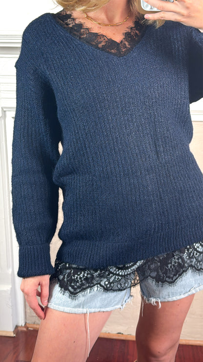 Lace-Trim V-Neck Knit Sweater