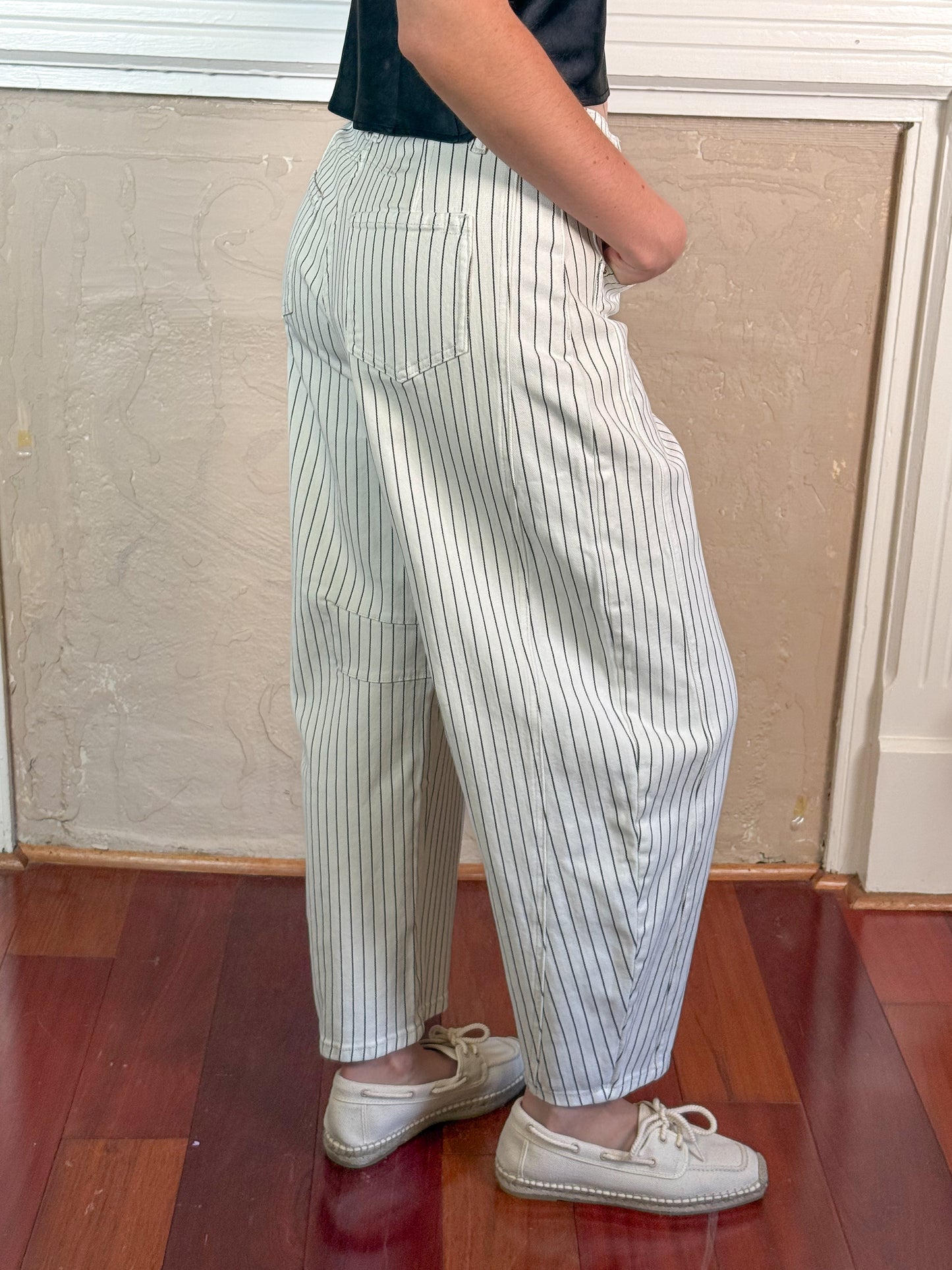 Pinstriped Barrel Jeans