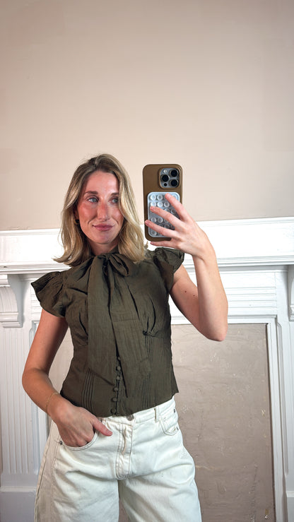Short Sleeve Button Front Scarf Blouse