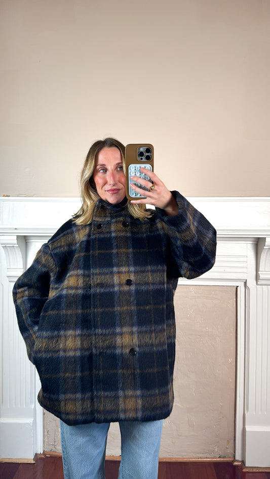 Brushed Plaid Funnel Neck Coat