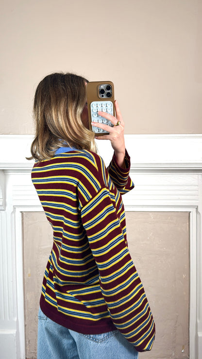 Lena Stripe Collared Knit Top - Burgundy/Blue