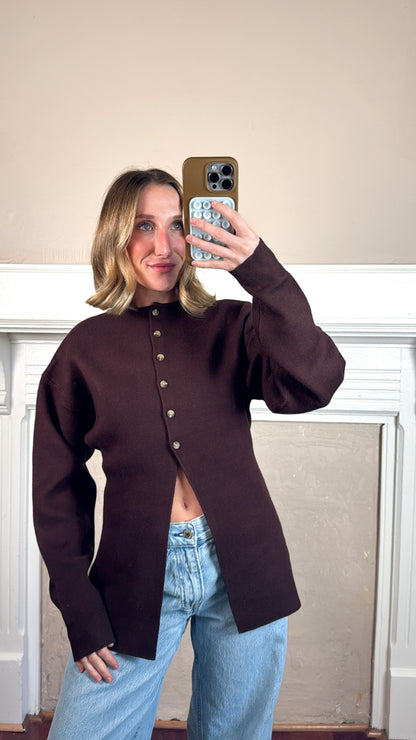 Cara Button Front Peplum Sweater - Brown