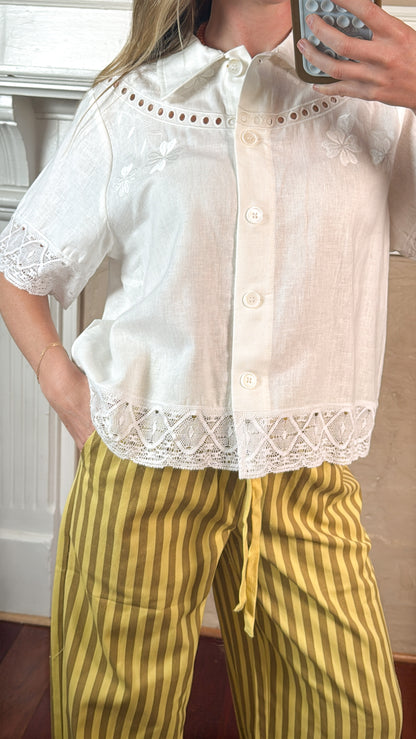 Embroidered Lace Trim Button Blouse