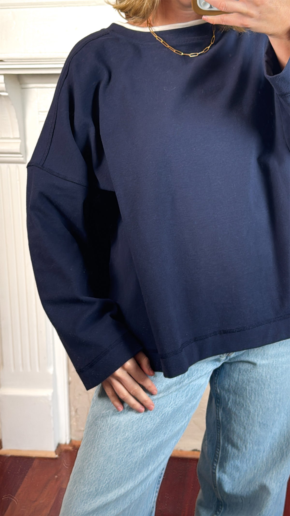 Jamie Contrast Round Neck Knit Top - Navy
