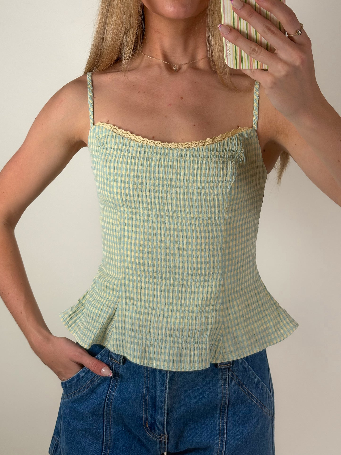 Elina Gingham Peplum Cami Top