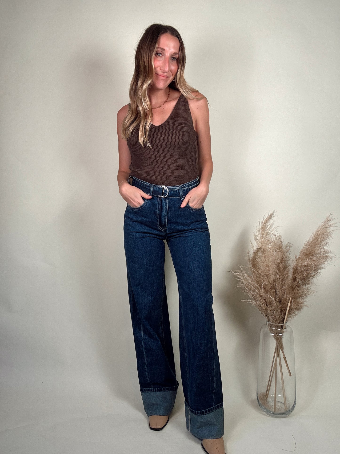 Belted Cuffed Wide Leg Jeans