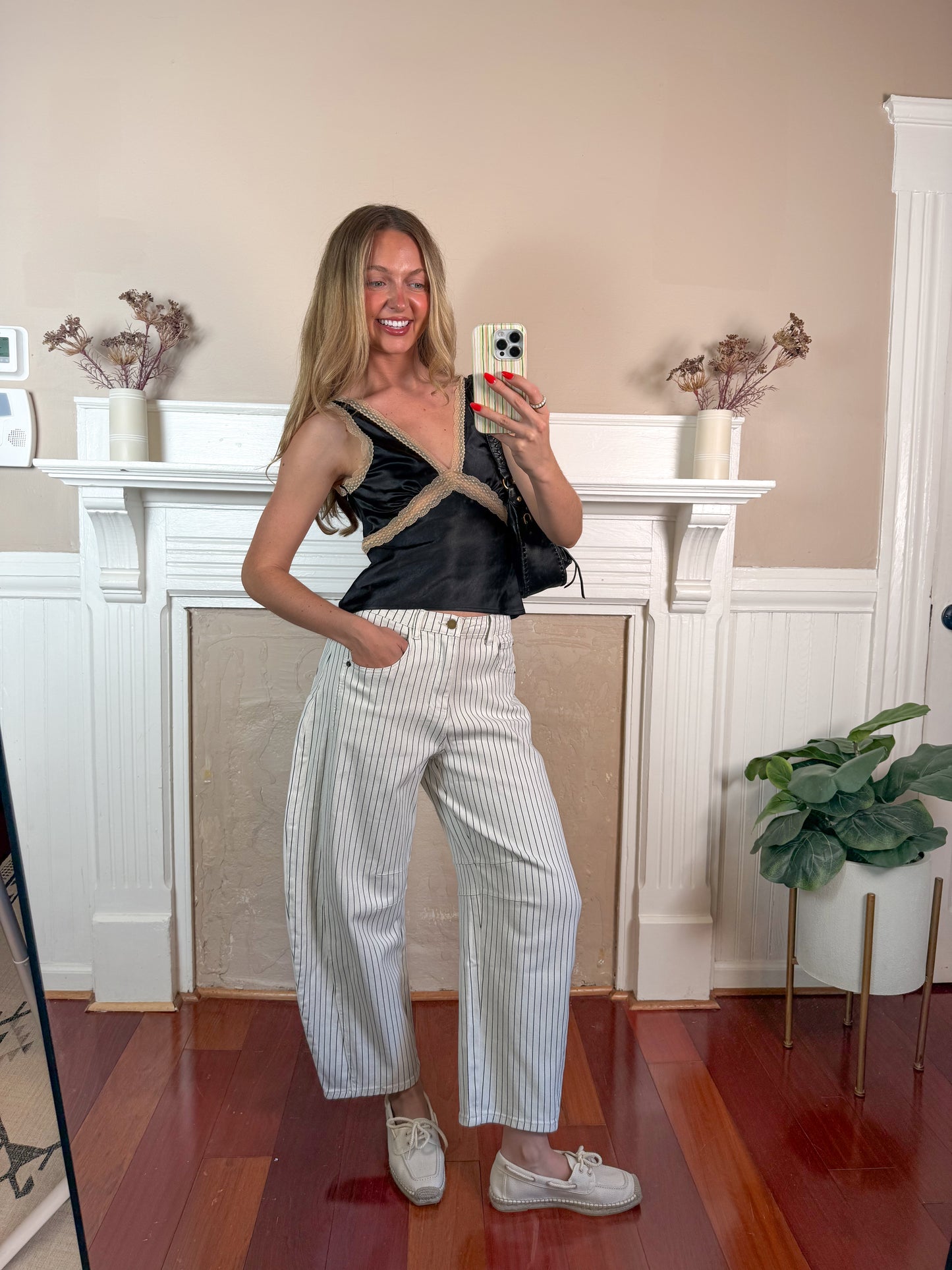 Pinstriped Barrel Jeans