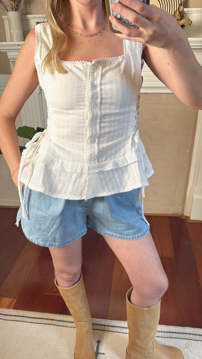 Lace-Trim Button-Front Peplum Top