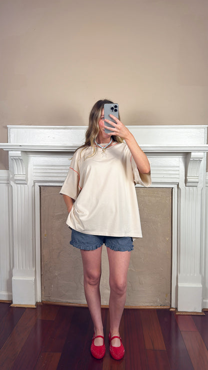 Contrast Stitch Mineral Washed Tee - Cream