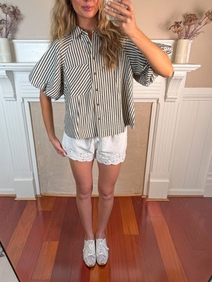 Striped Bubble Sleeve Button Down Top