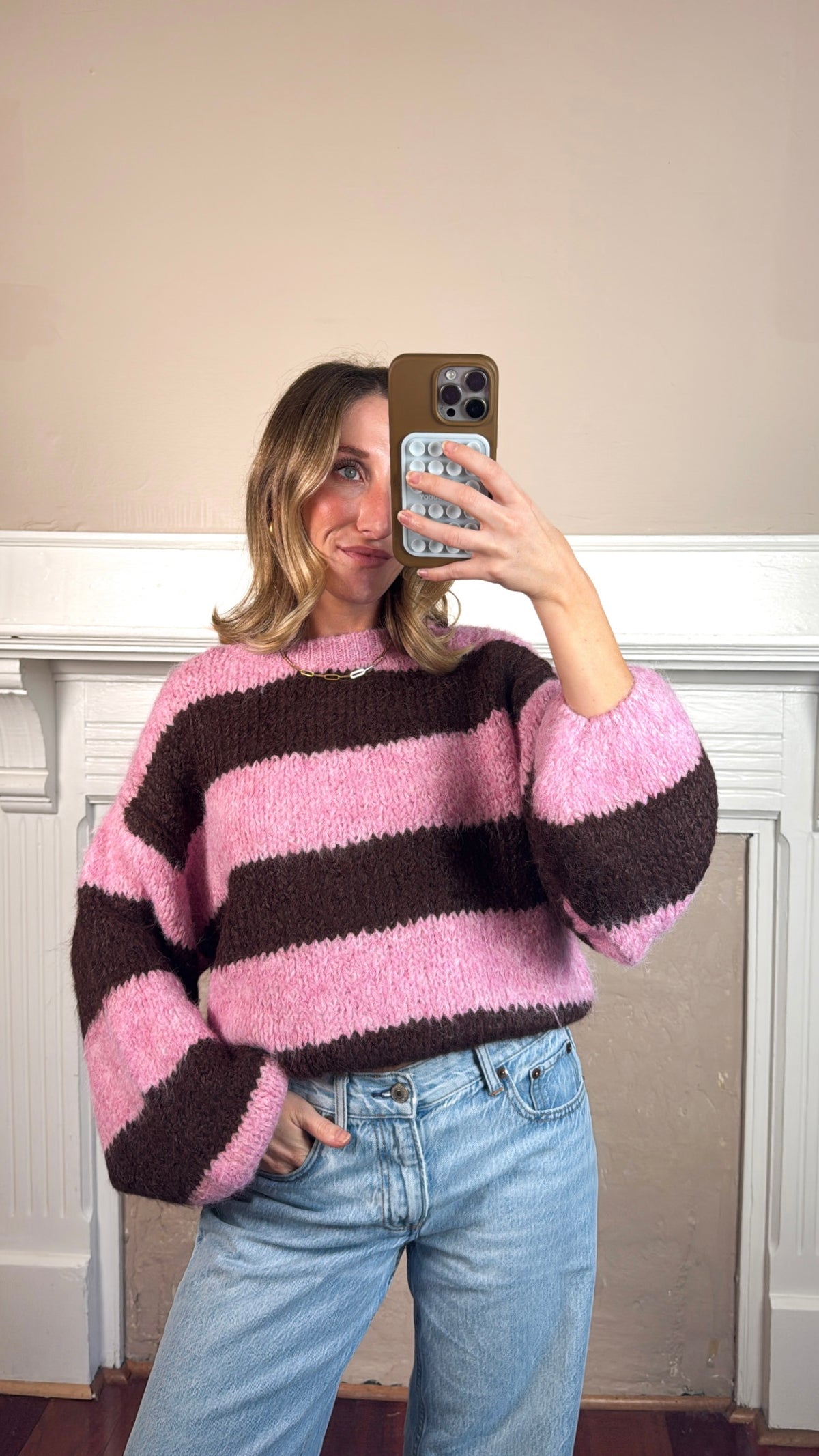 Puff Sleeve Striped Fuzzy Sweater Top - Pink