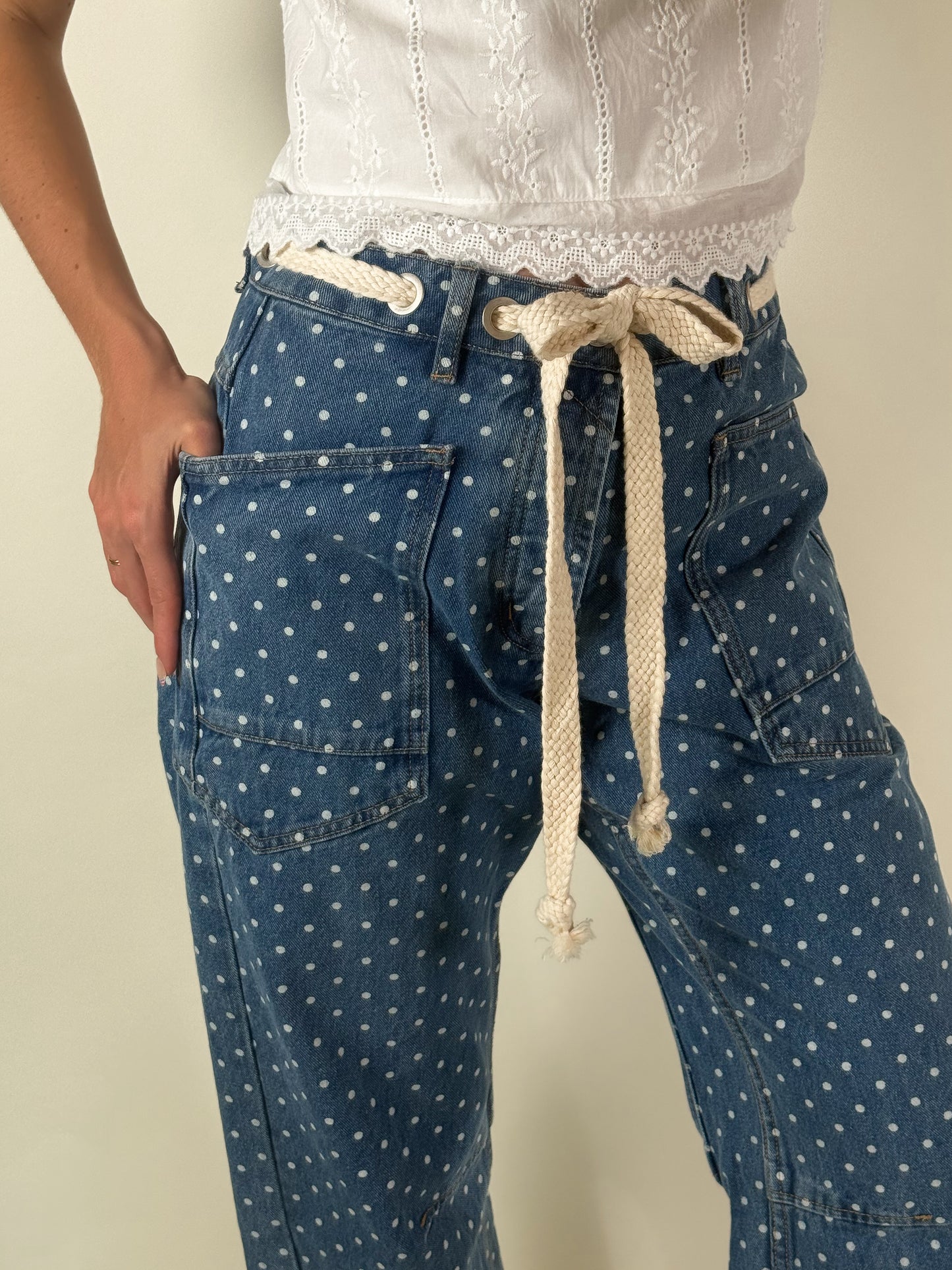 Polka Dot Denim Barrel Pants
