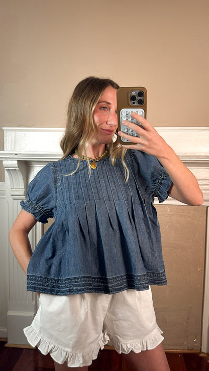 Denim Pleated Blouse