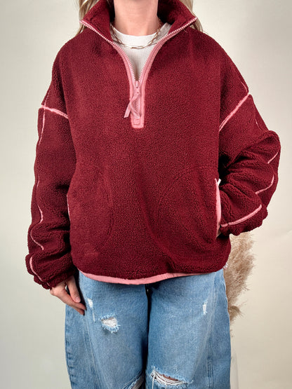Contrast Sherpa Jacket - Burgundy