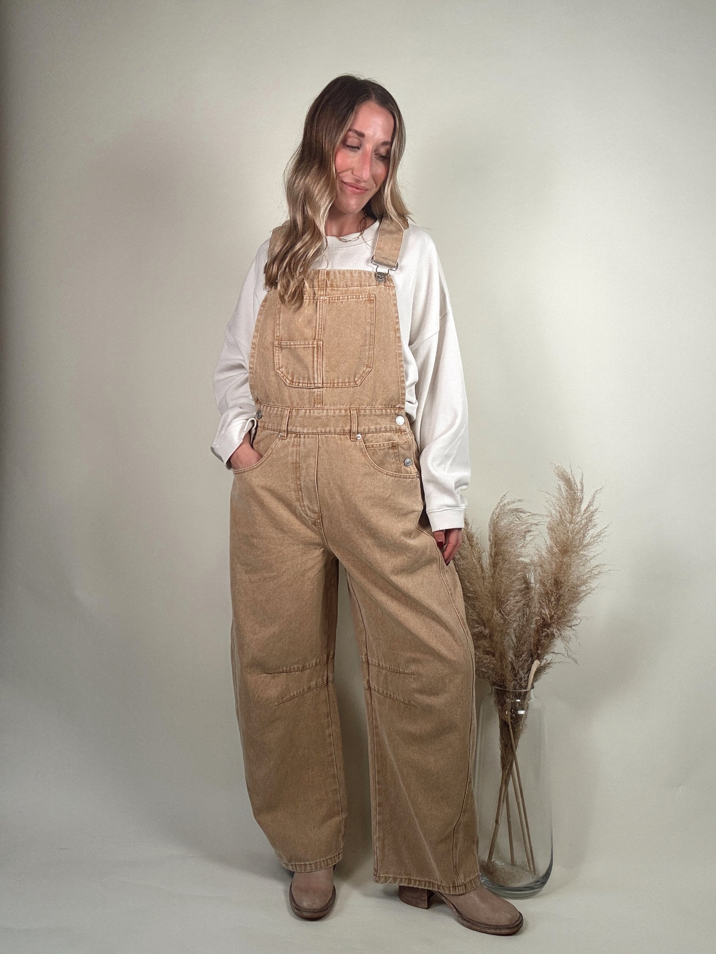 Taupe Barrel Overalls Jumpsuit