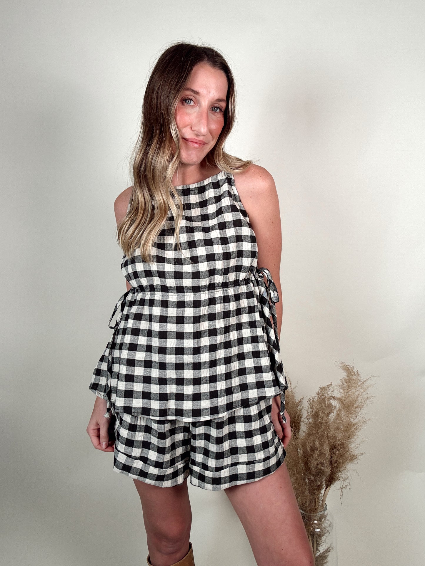 Gingham Tank and Shorts Set - Black