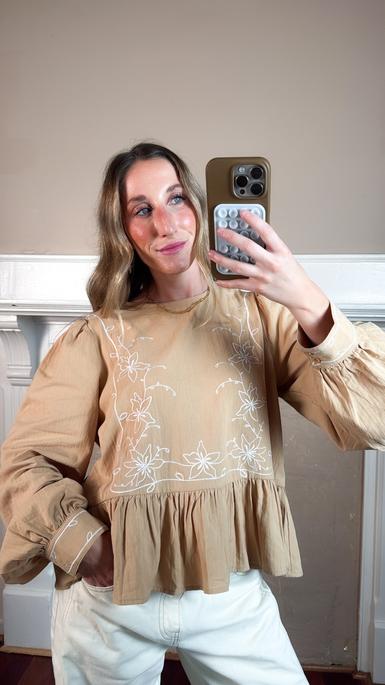 Long Sleeve Embroidered Peplum Top