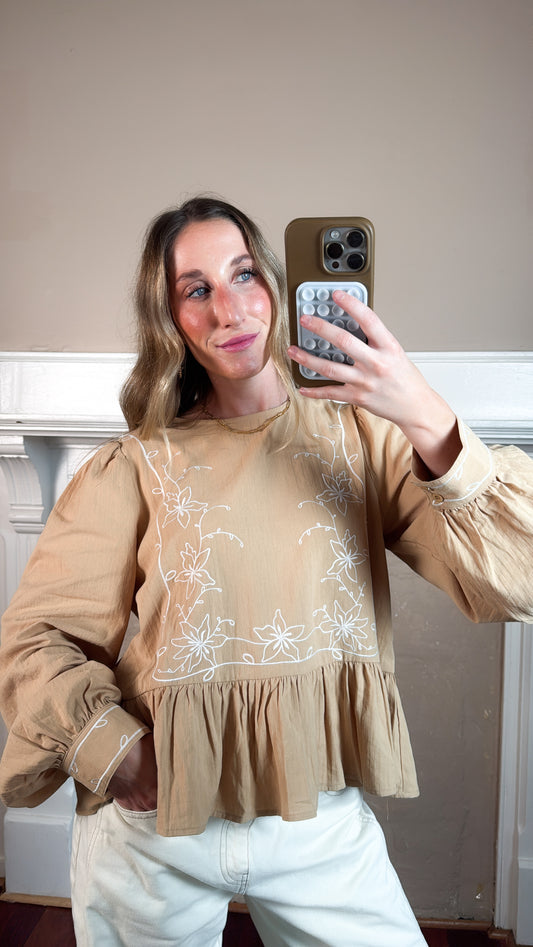 Long Sleeve Embroidered Peplum Top